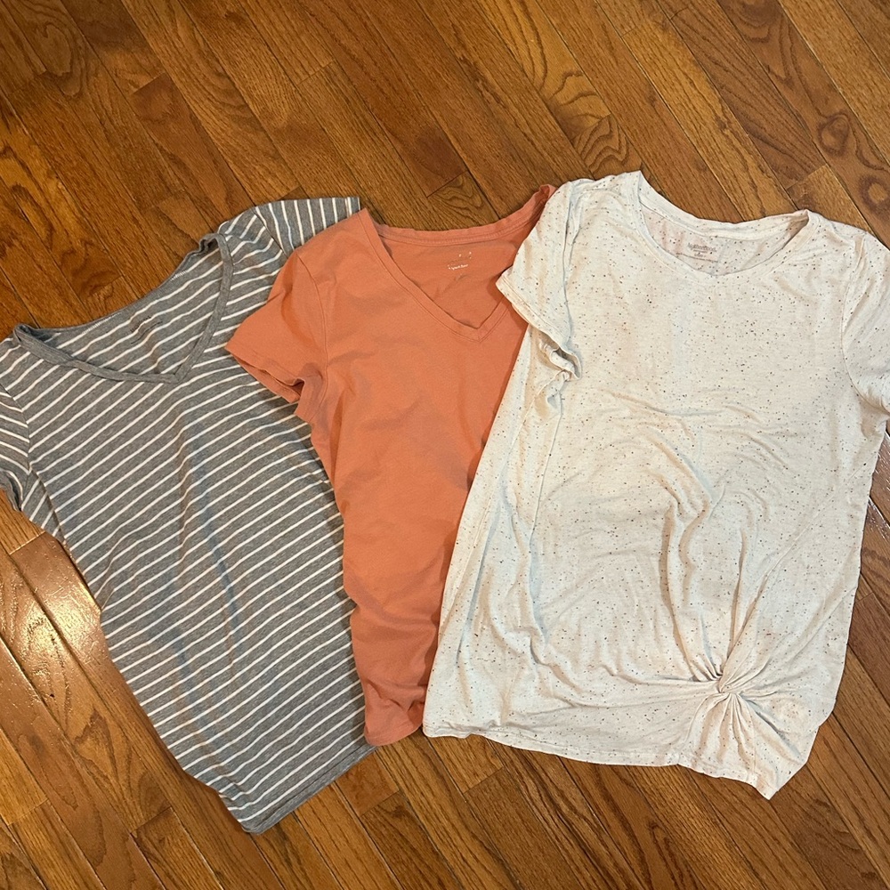 Motherhood Maternity Casual Tops - Striped Gray, Solid Orange, Speckled White